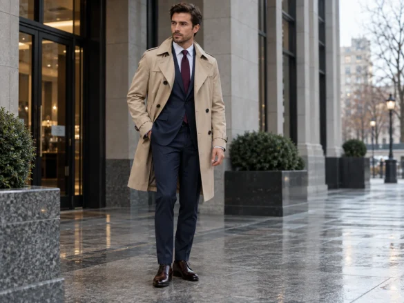 Man wearing a classic beige trench coat with a cream knit sweater and tailored trousers on a city street