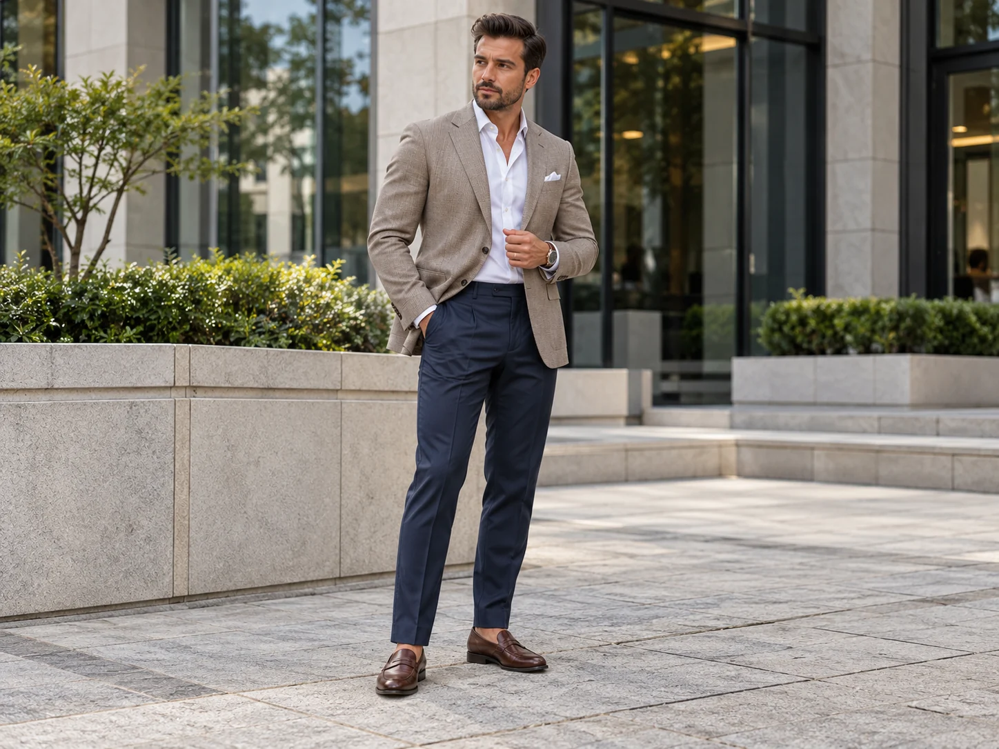 Dress for Body Type wearing a taupe tailored blazer, white shirt and navy trousers standing outdoors