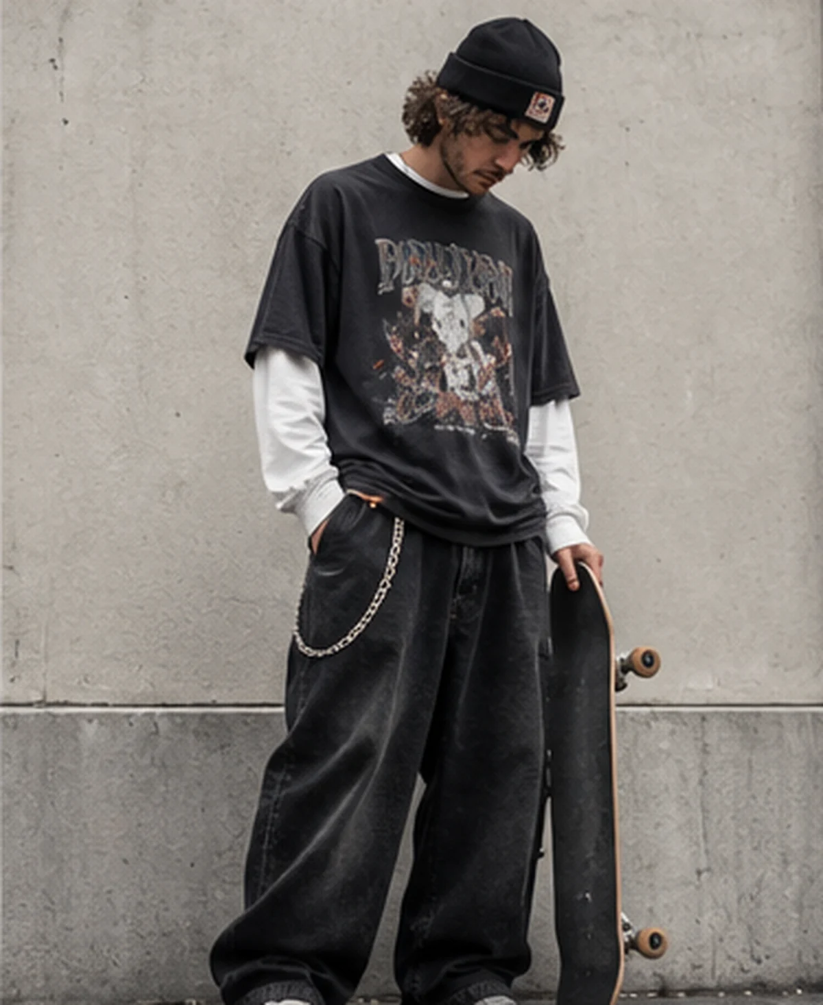 Man in an oversized checked shirt with loose dark jeans and trainers in an urban setting