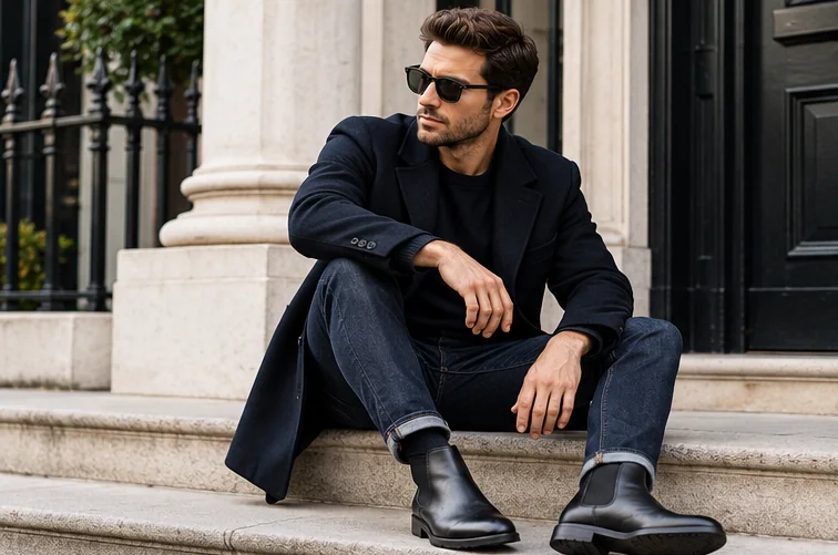 Man wearing black Chelsea boots with jeans and a coat