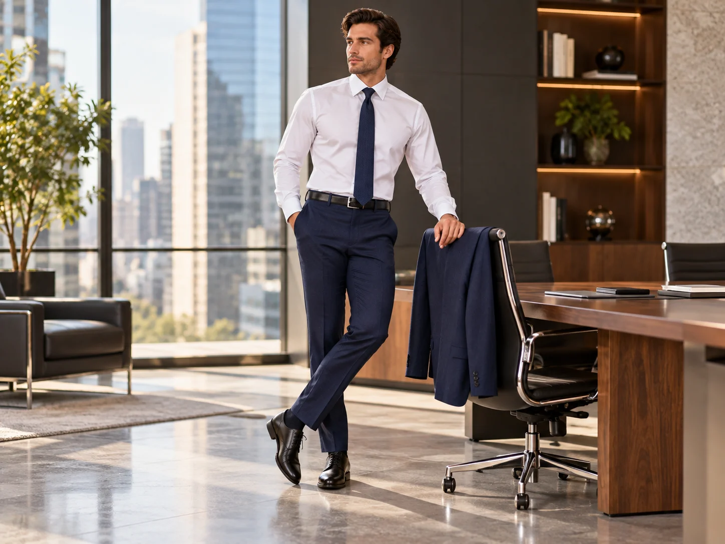 Man wearing a white dress shirt, navy tie and dark tailored trousers in a modern office