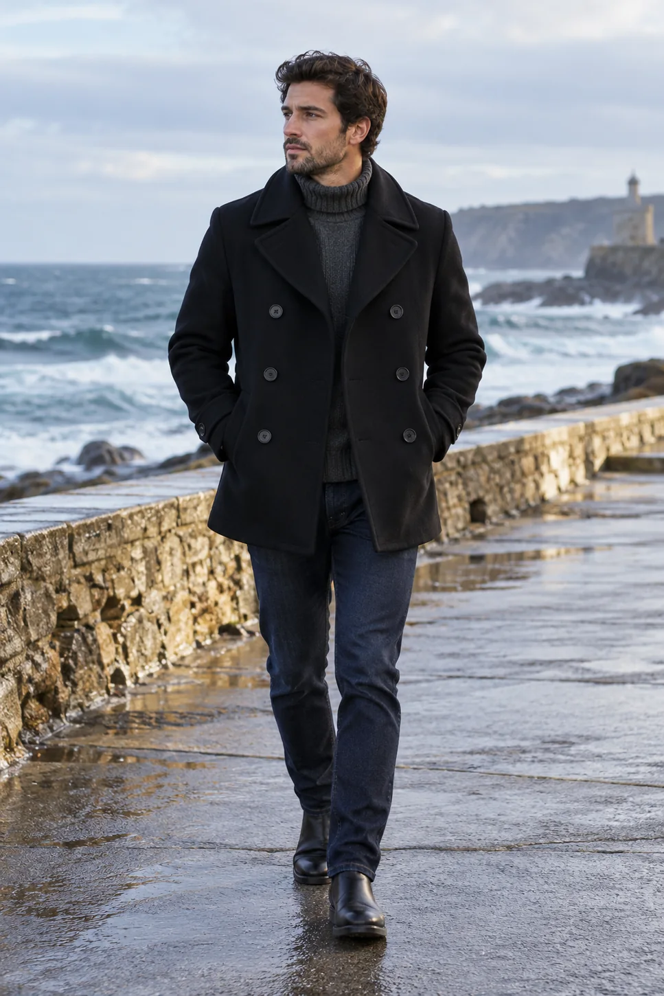 Man in a dark pea coat over a grey roll-neck with jeans and boots on a windy coastal walkway
