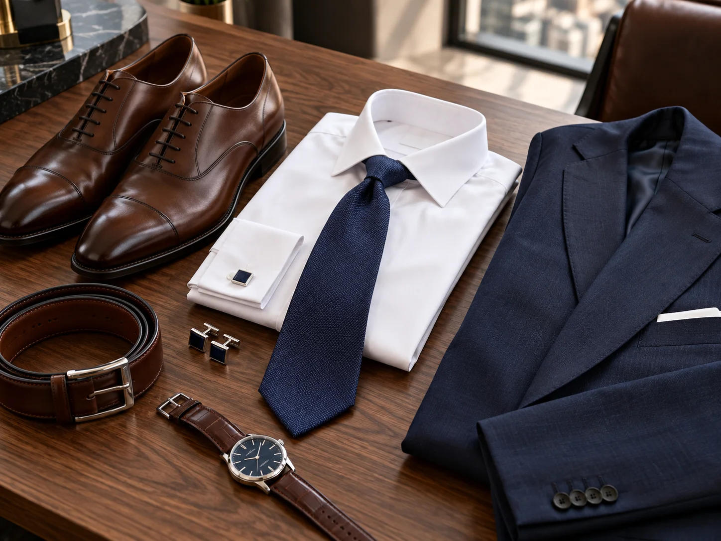 Flat lay of a navy suit, white dress shirt, tie, leather Oxford shoes, belt and watch