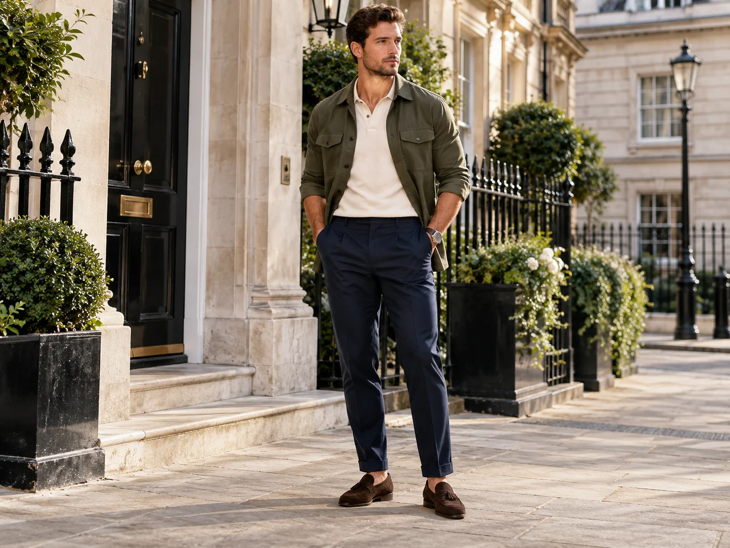 Man in an olive overshirt over ivory knit polo with navy tailored trousers and suede loafers