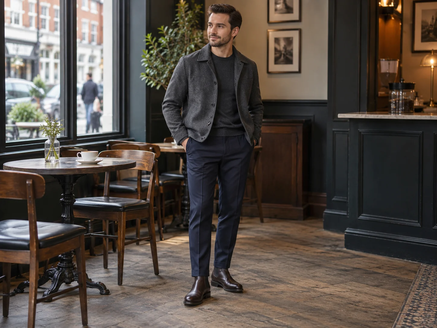 Man in a charcoal jacket over knitwear with navy trousers and Chelsea boots in a cafe