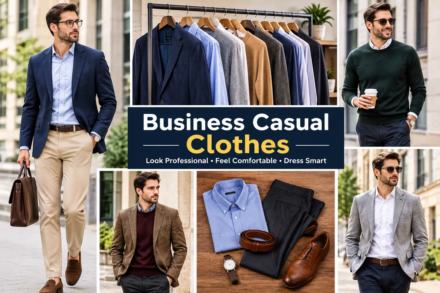 Business casual wardrobe essentials including chinos, button-down shirt, knitwear, blazer and leather shoes