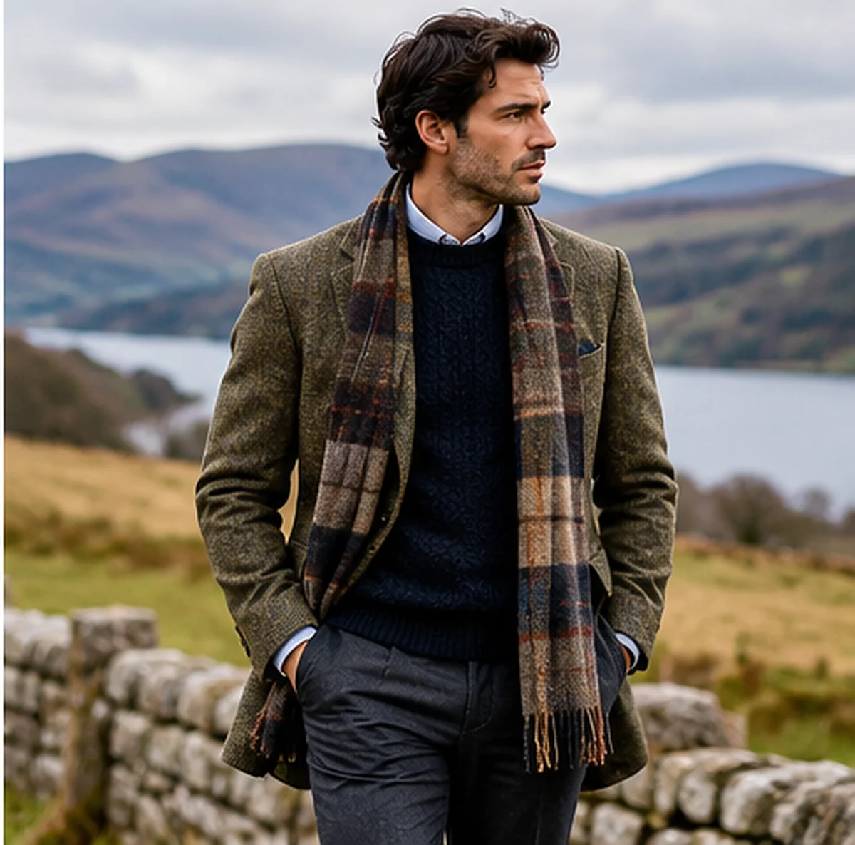 Man wearing an olive tweed blazer and checked scarf outdoors beside a stone wall