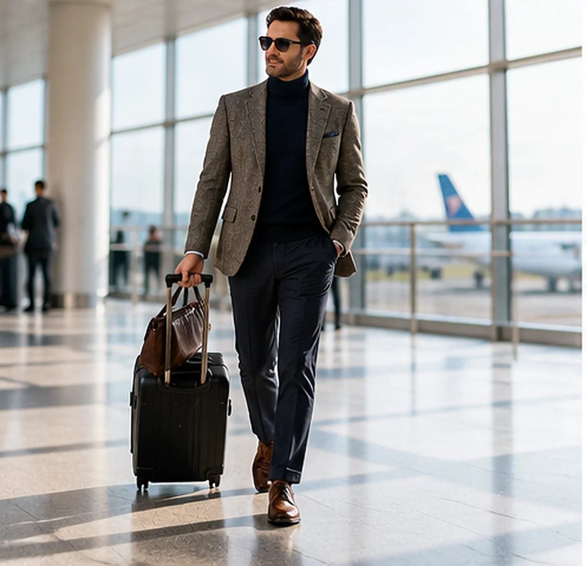 Man wearing a brown tweed blazer and dark roll-neck at an airport with a suitcase