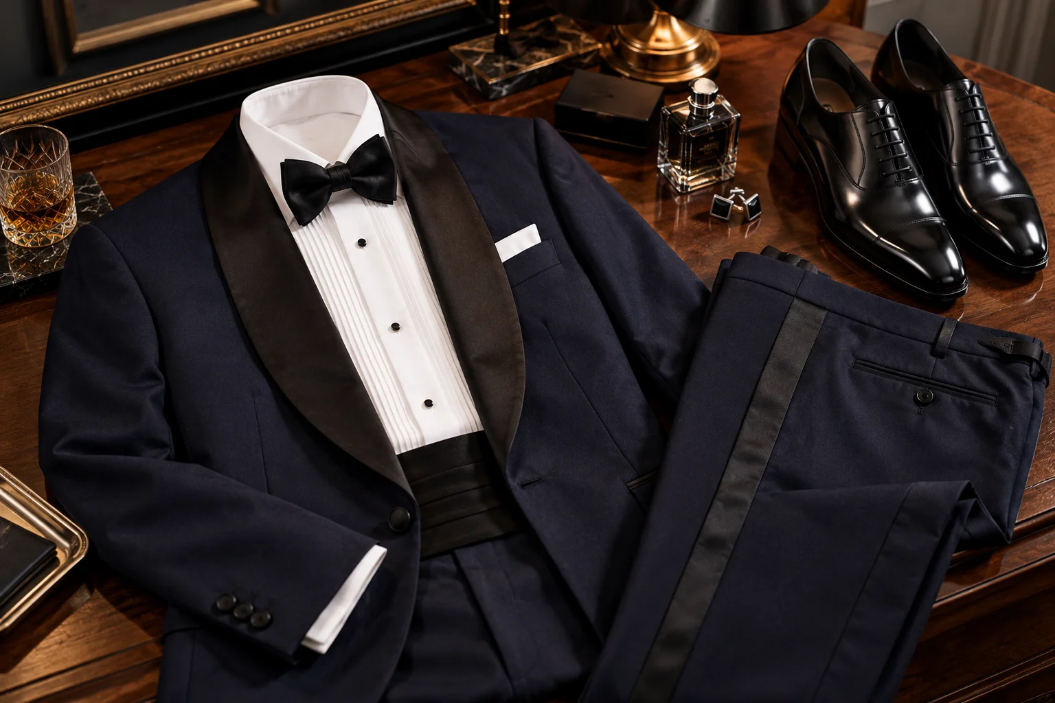Midnight blue tuxedo with black satin shawl lapels, formal shirt, bow tie, trousers and black dress shoes arranged on a dressing table