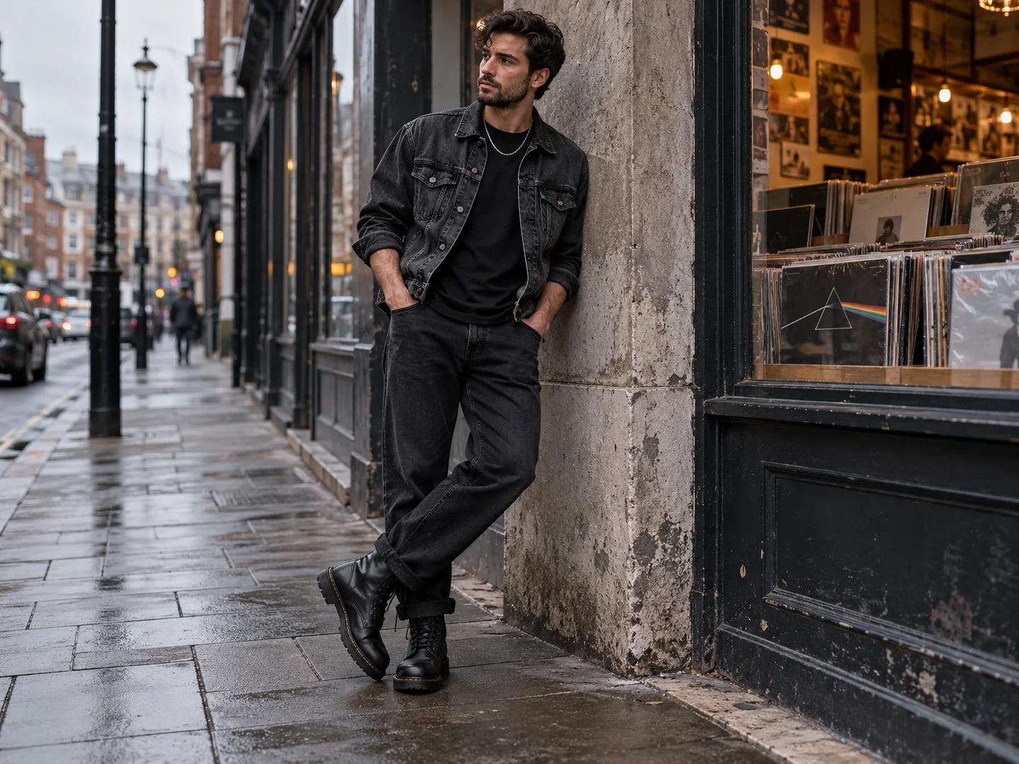 Man in faded charcoal denim jacket, black tee, black jeans and lace-up boots outside a city record shop