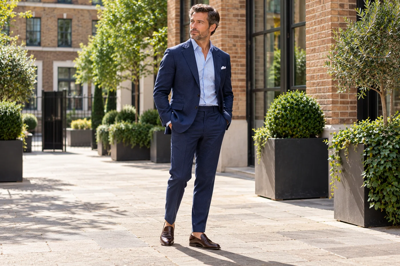 Man in a textured navy seersucker suit and light blue shirt standing in a sunny urban courtyard