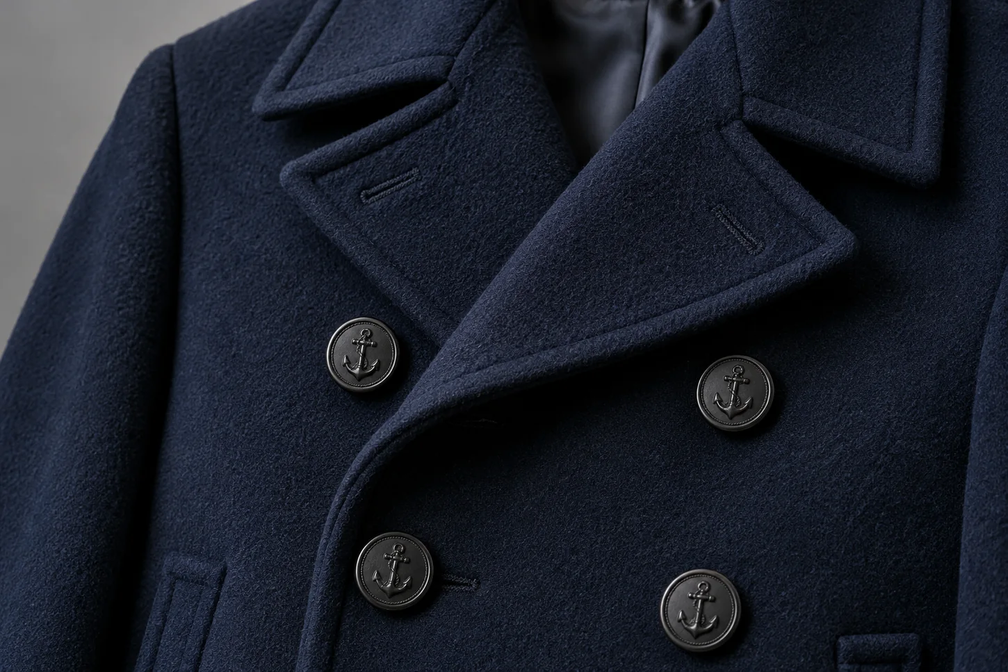Close-up of dense navy wool, broad pea coat lapels and black anchor-detail buttons