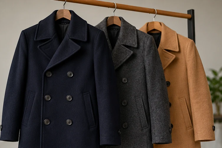 Navy, charcoal, black and camel pea coats hanging together on a clothing rail