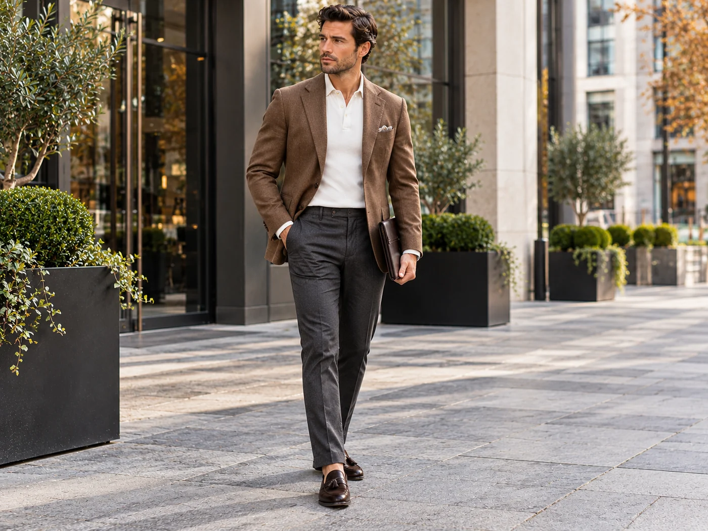 Man in tan blazer, pale knit polo and charcoal trousers with brown leather loafers
