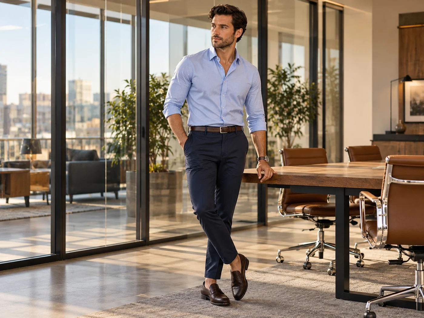 Man wearing pale blue button-down shirt, dark navy trousers and brown loafers in a modern office