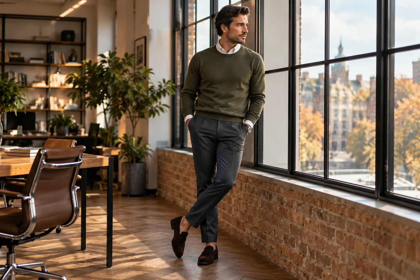 Man wearing olive-green crew-neck jumper over a white collared shirt with grey tailored trousers