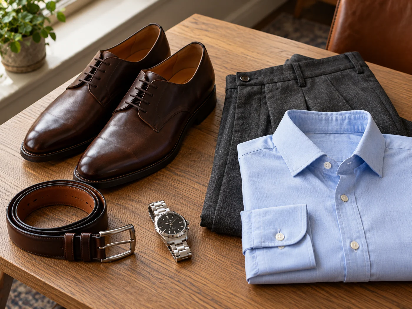 Flat lay of brown leather Derby shoes,Professional Casual, matching belt, watch, blue shirt and charcoal trousers