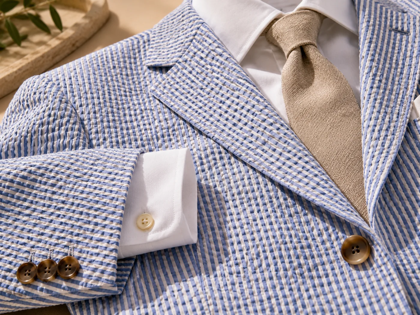 Close-up of blue and white puckered Seersucker Suit for Men jacket fabric, lapel and cream woven tie