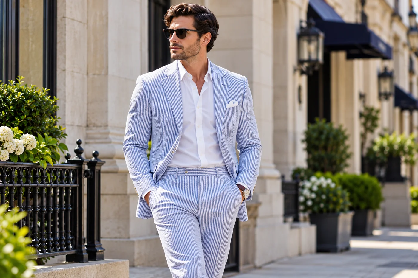 Man in a striped blue and white seersucker suit and white shirt strolling along a sunlit city street