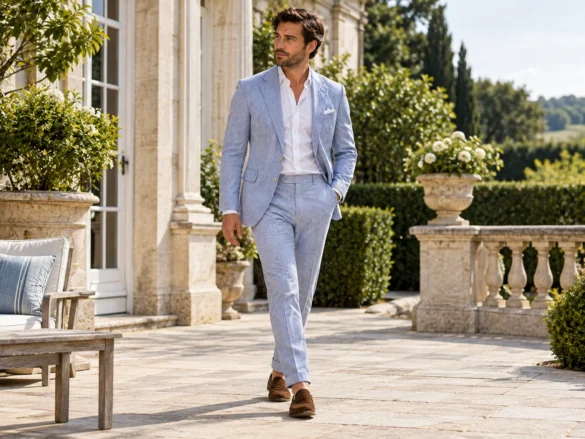 Man wearing a pale blue and white striped seersucker suit with white shirt and brown loafers on a sunny terrace