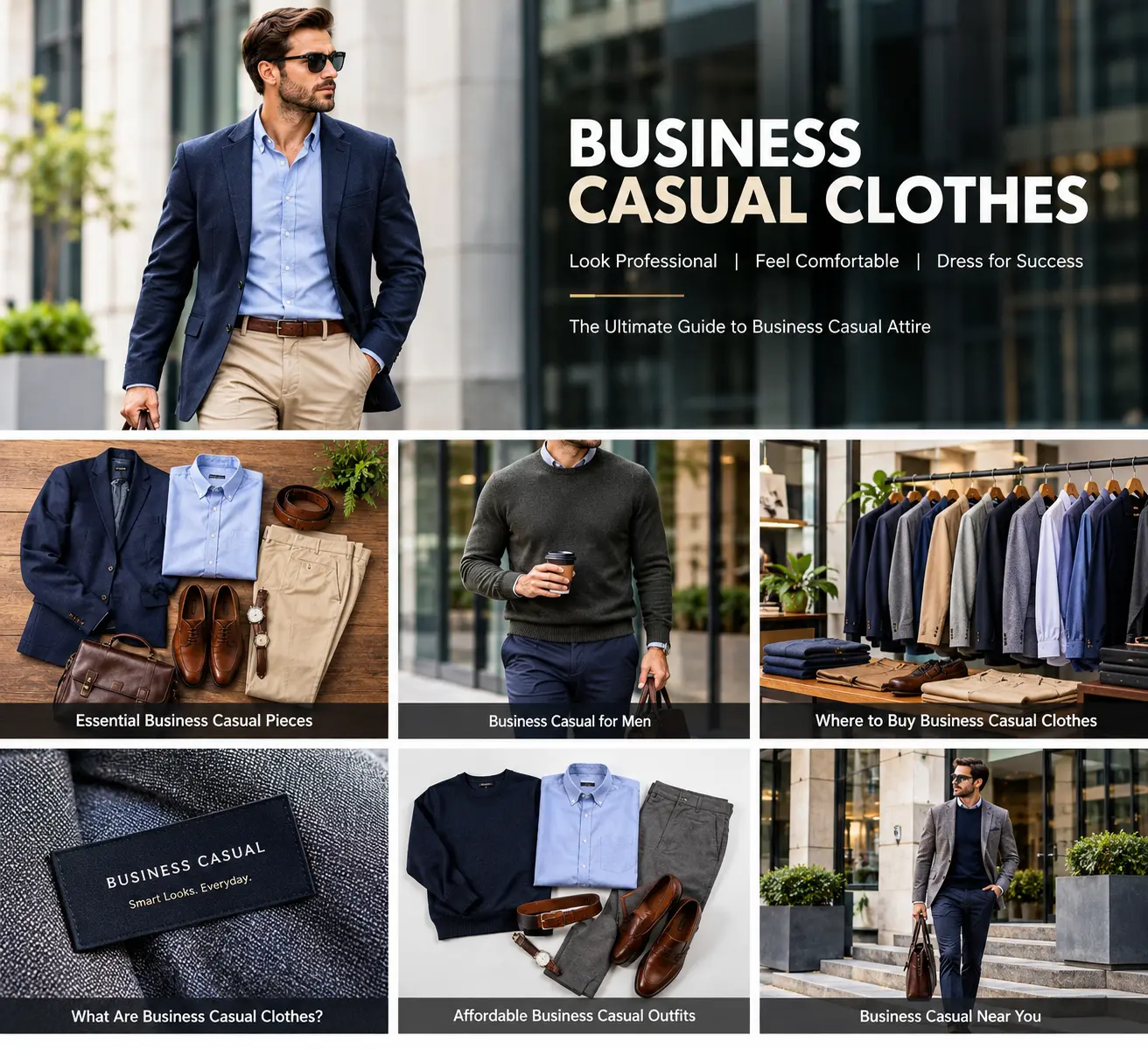 Business casual men's blazer outfit with coordinated trousers and leather accessories