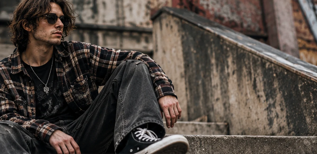 Man in muted plaid layers with relaxed jeans, a softer grunge style men styling example