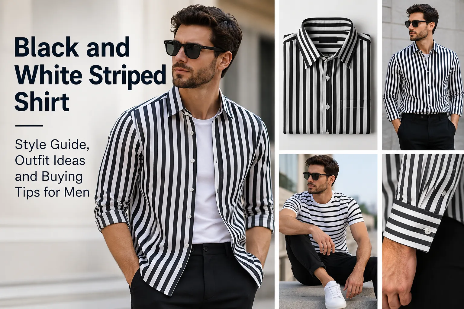 Men's striped shirt guide showing fit, fabric, colour variations and casual outfit ideas