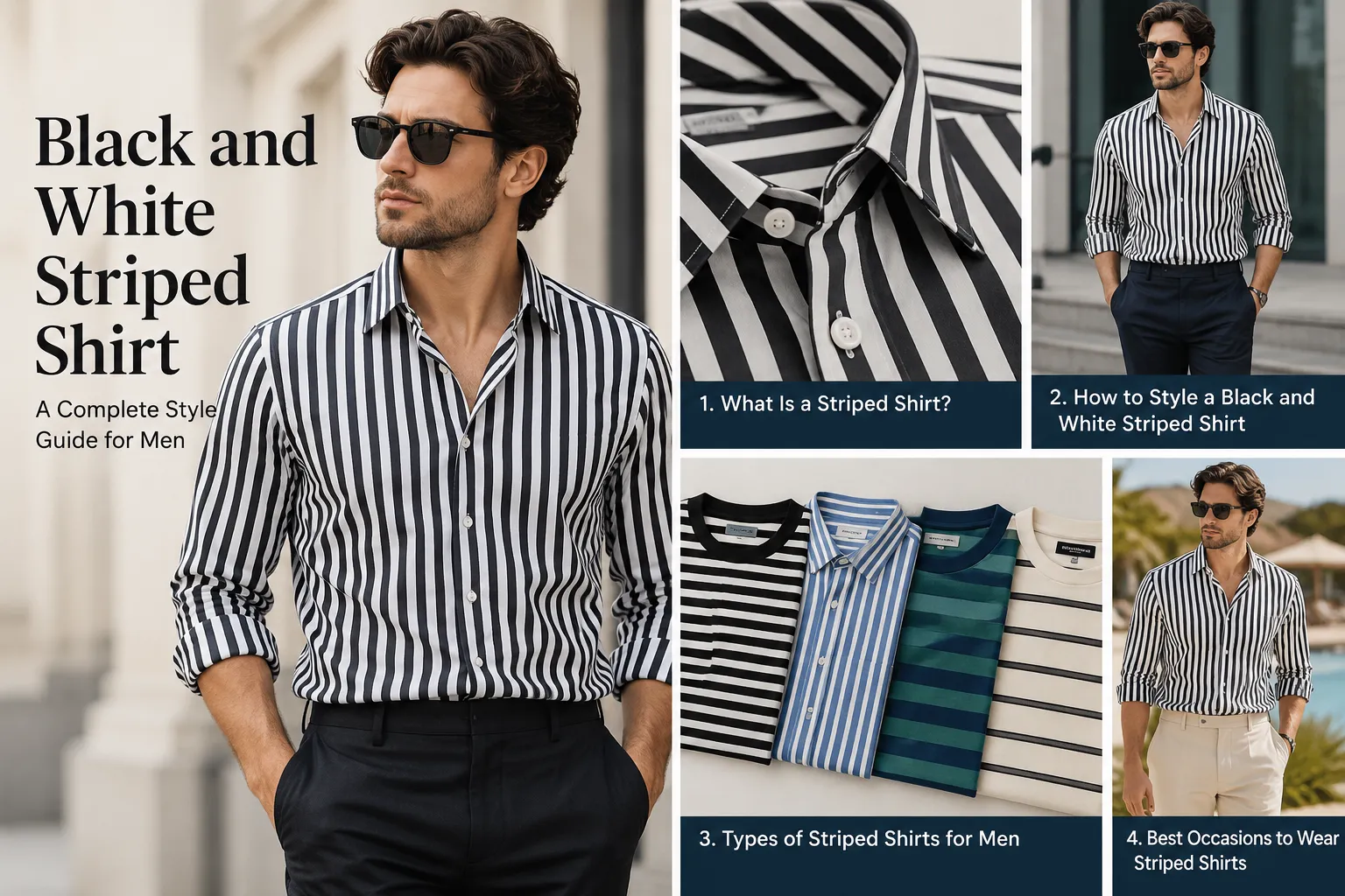 Men's striped shirts shown in different styles including button-up shirts and striped T-shirts