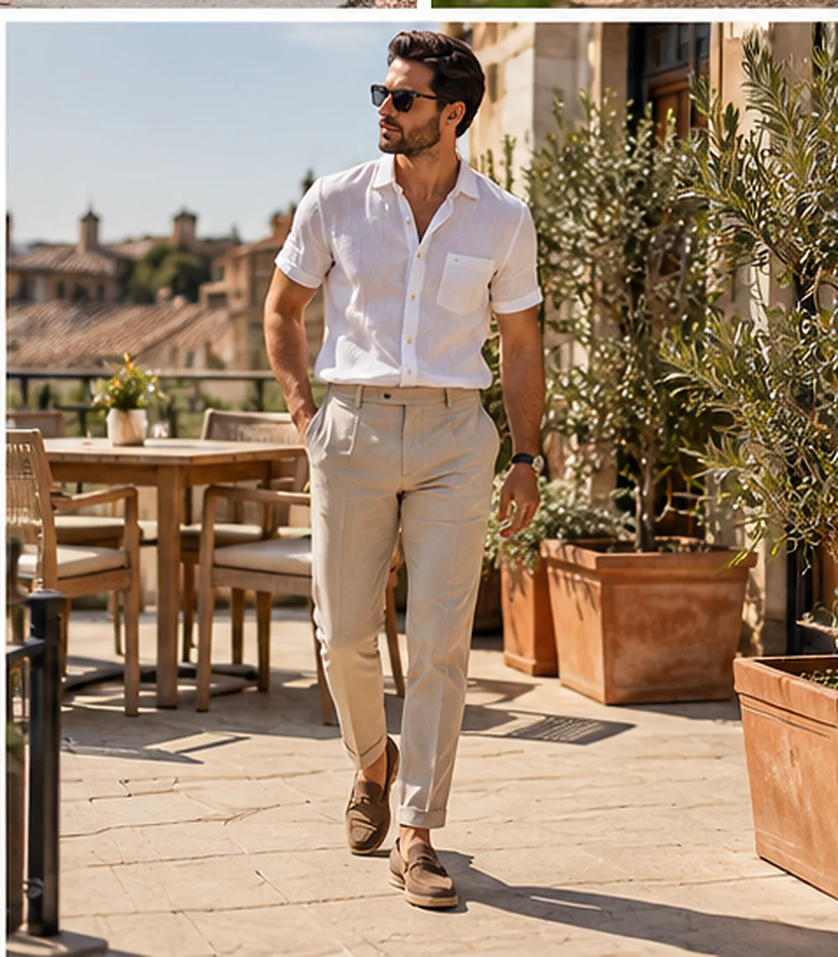 Man wearing a white short-sleeved shirt with light tailored trousers and suede loafers on a sunny terrace