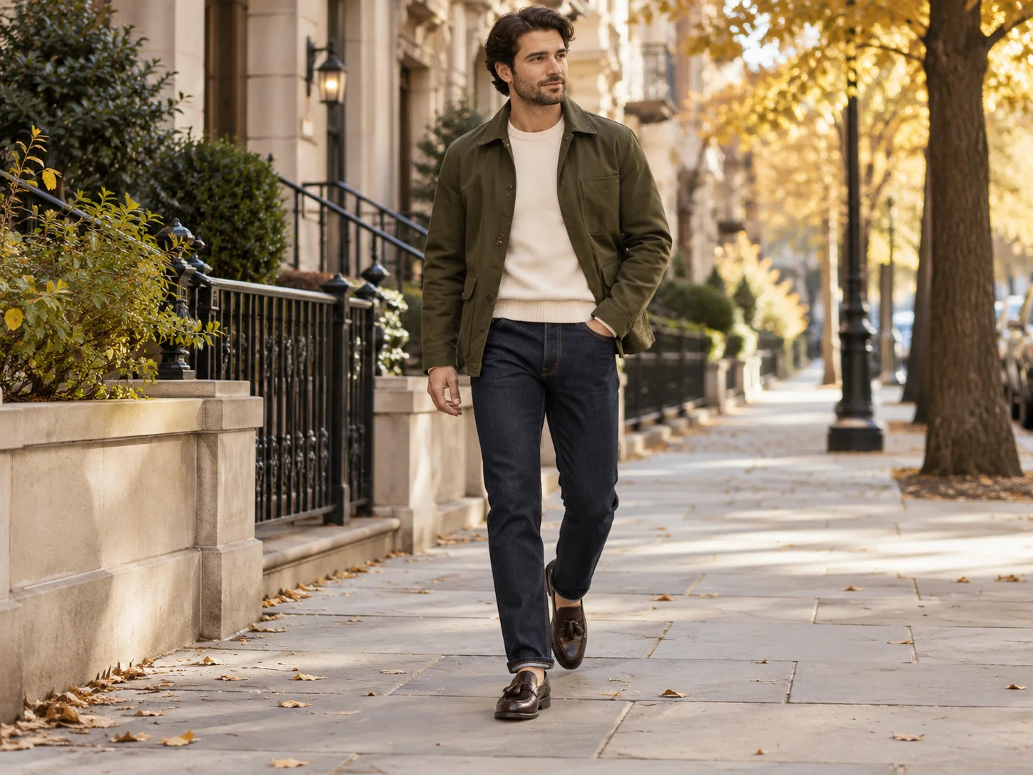 Dark brown tassel loafers worn with dark jeans and a refined casual outfit
