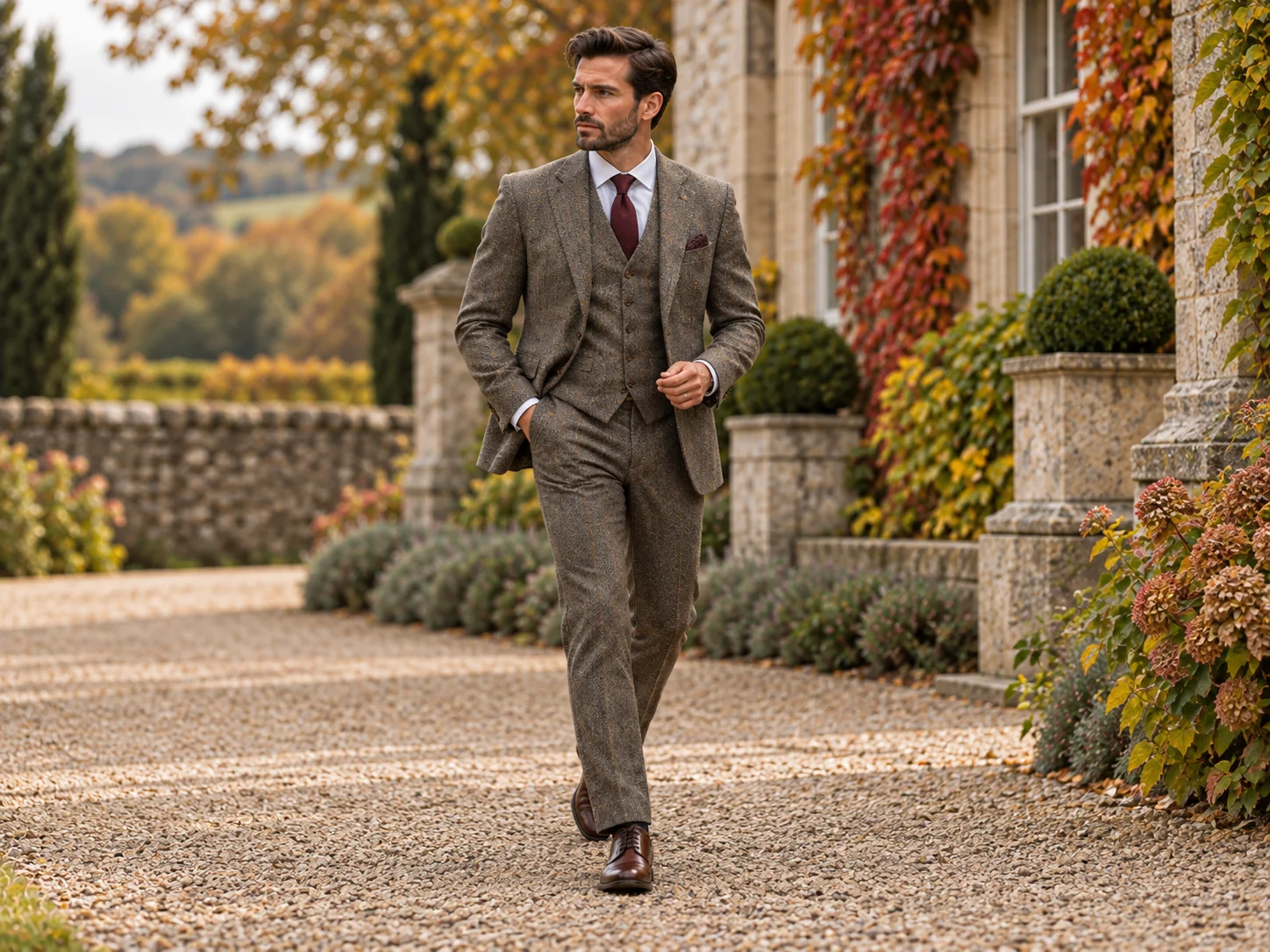 Man wearing a brown three-piece tweed suit with a white shirt and burgundy tie