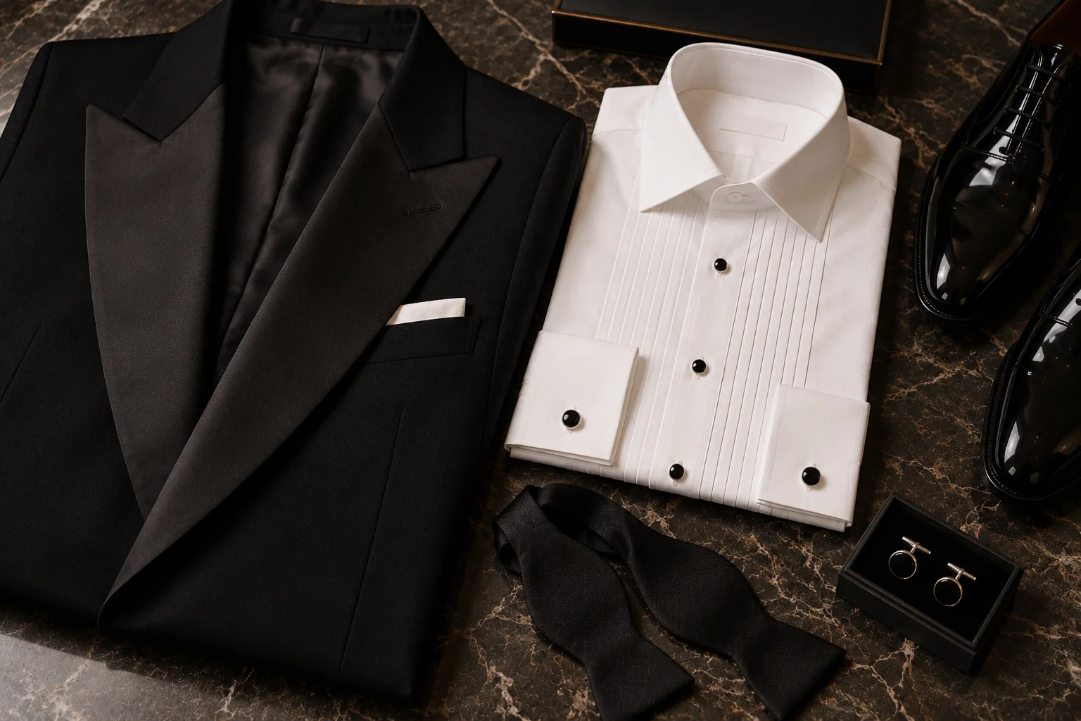 Black tuxedo jacket, white pleated formal shirt, bow tie, cufflinks and polished black Oxford shoes arranged on dark marble