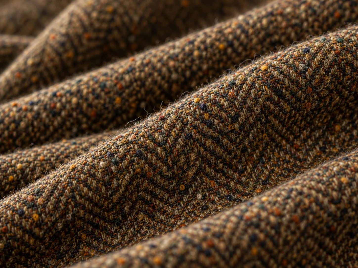 Close-up of textured brown multicolour tweed fabric showing the woven wool surface