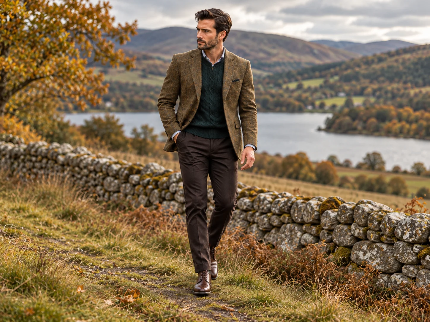 Man wearing a brown Tweed for Men jacket with knitwear and brown trousers in the countryside