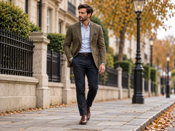 Man wearing a brown tweed jacket with a pale blue shirt and navy trousers on an autumn street