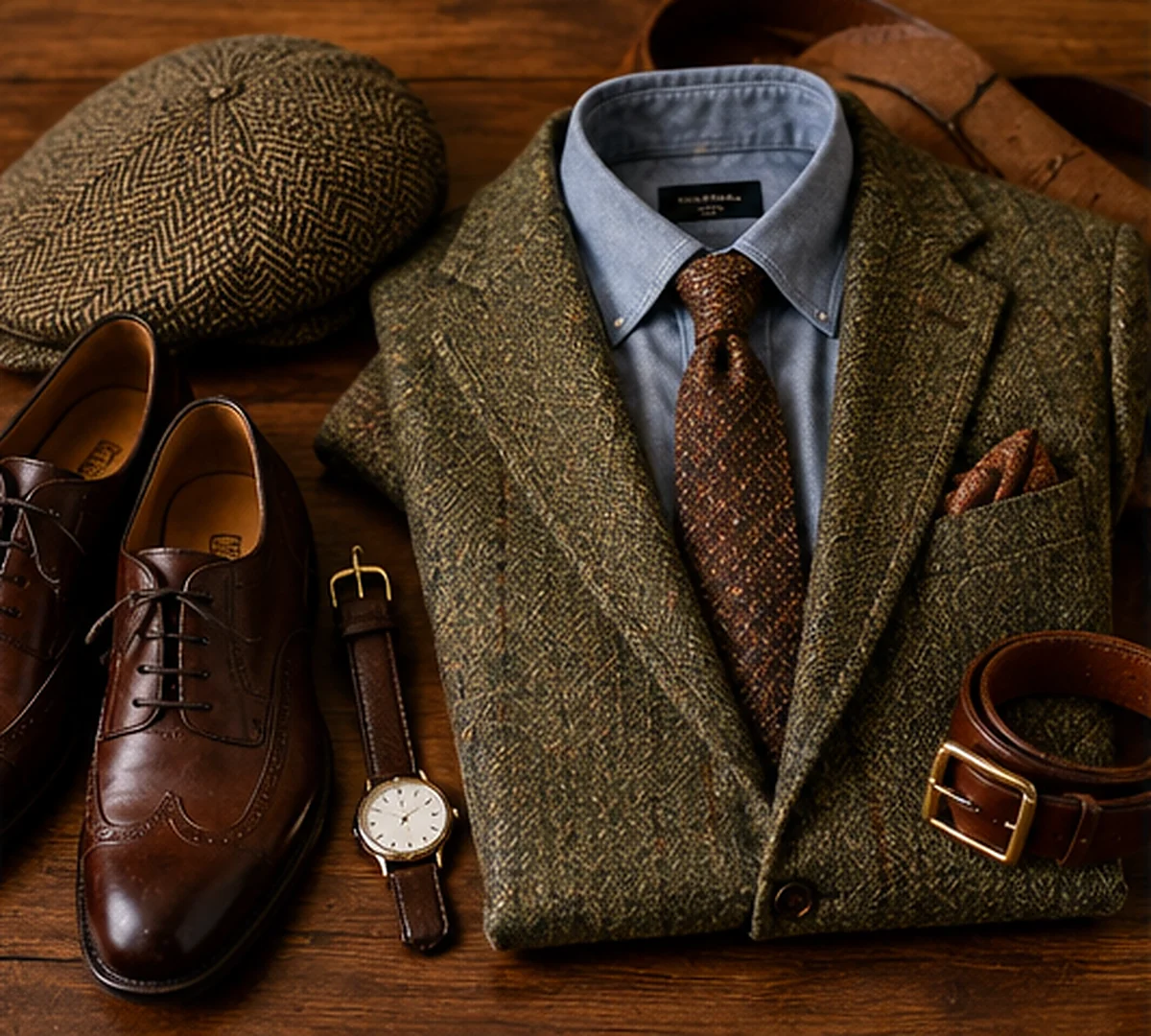 Tweed jacket arranged with a pale blue shirt, brown tie, belt, cap and leather dress shoes
