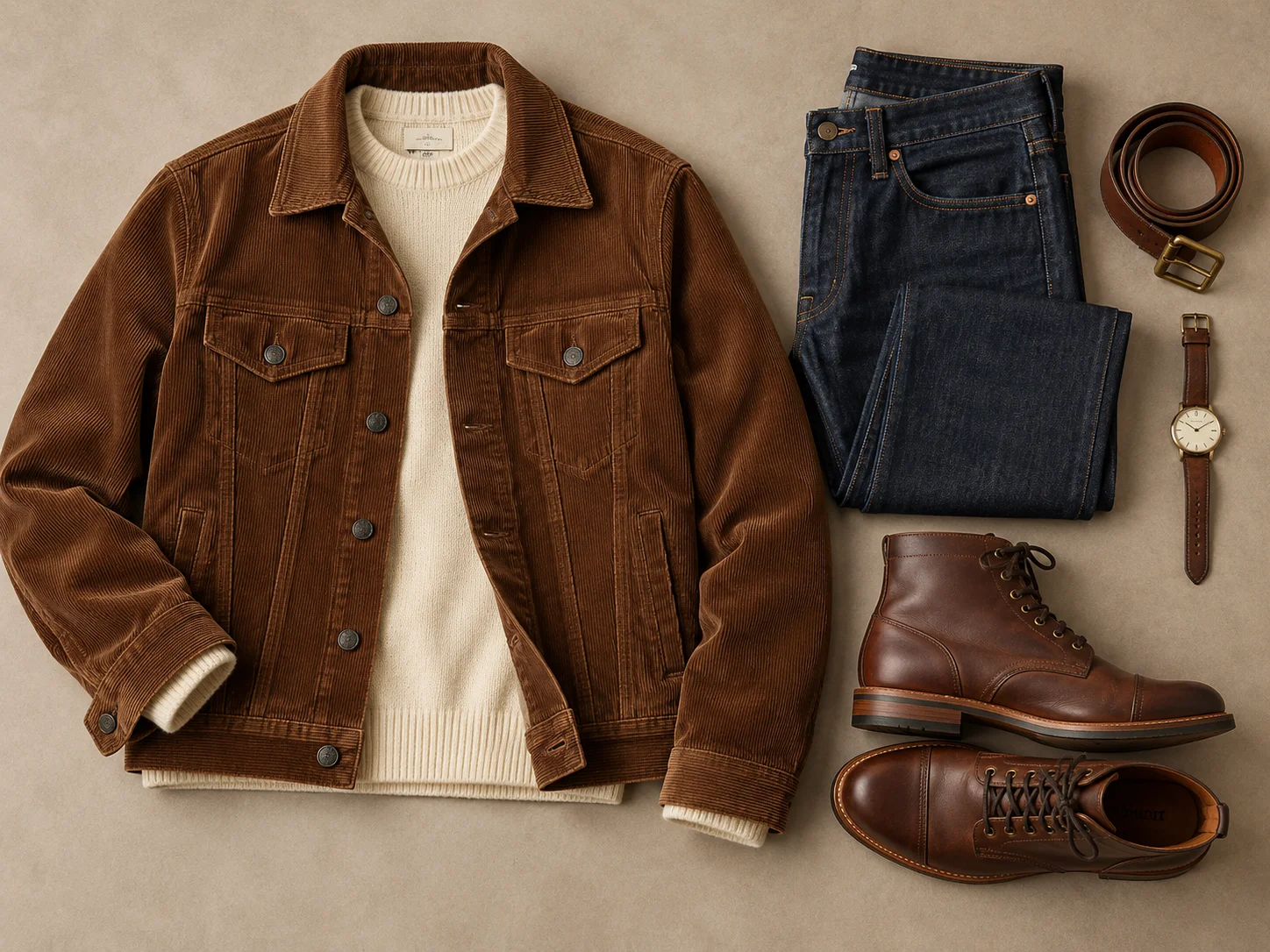 Brown corduroy jacket styled with a cream knit sweater, dark denim jeans, brown leather boots, belt and wristwatch