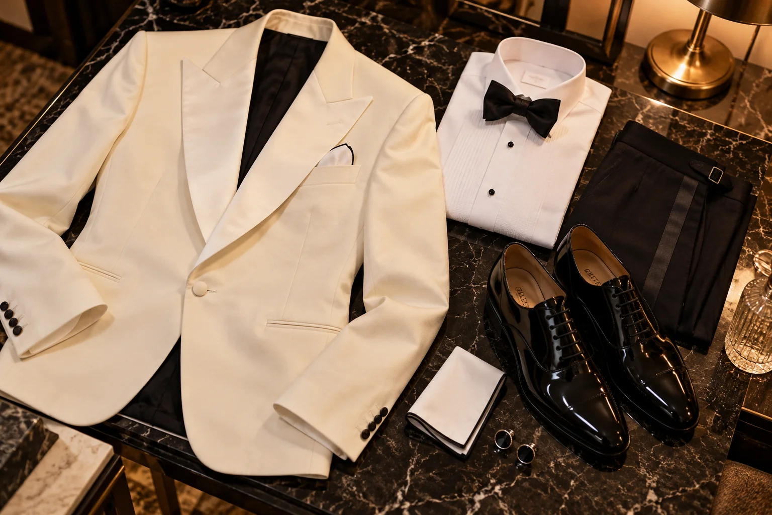 Ivory dinner jacket with white formal shirt, black bow tie, black trousers and polished black Oxford shoes arranged on marble