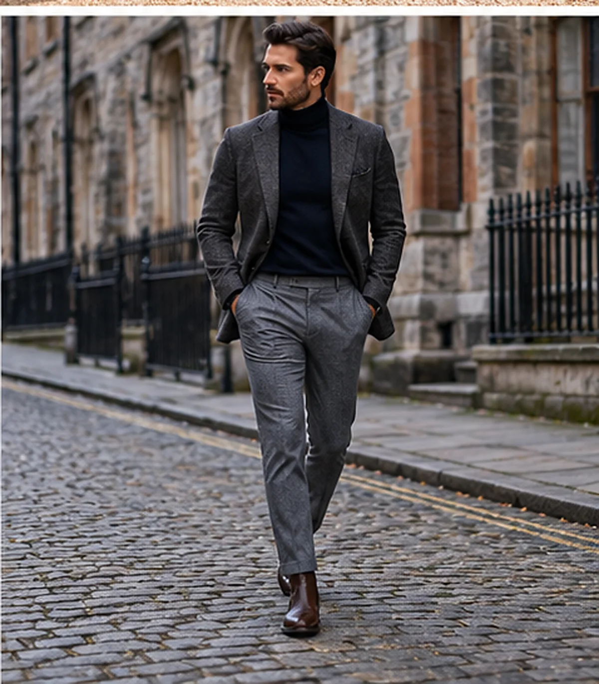 Dressy Casual Men a charcoal wool blazer over a dark roll-neck with tailored trousers and Chelsea boots